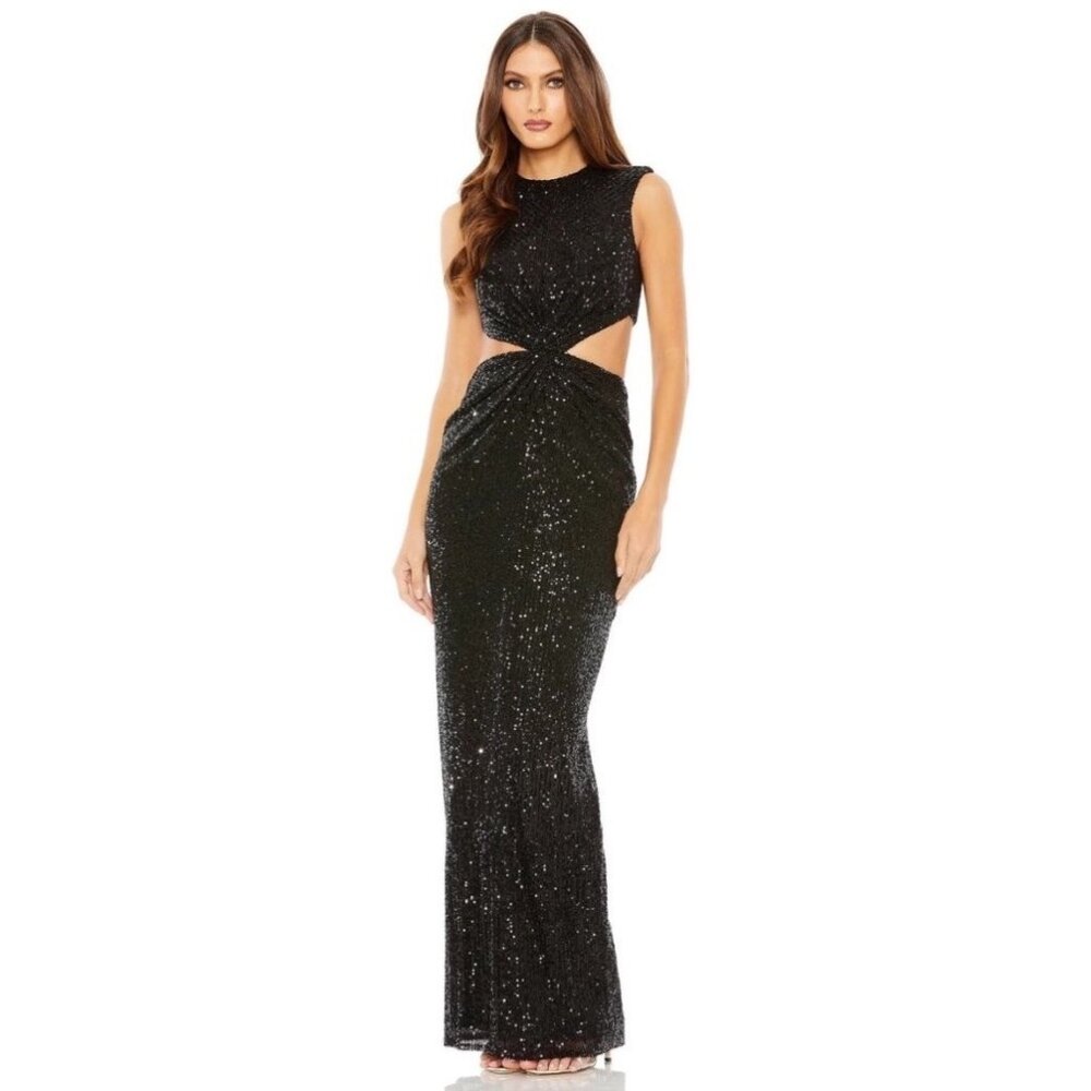 Mac Duggal Sequin Front Twist Cut Out Midi Sheath Dress Black Size 0 New W Tag - Picture 5 of 16